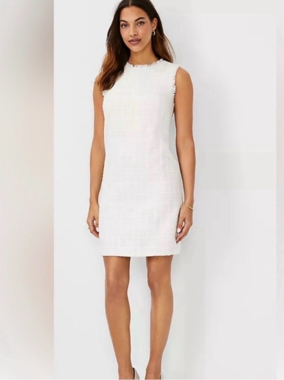 Ann Taylor Petite 6P Cream Tweed Shift Dress | Bouclé Texture | Sleeveless
